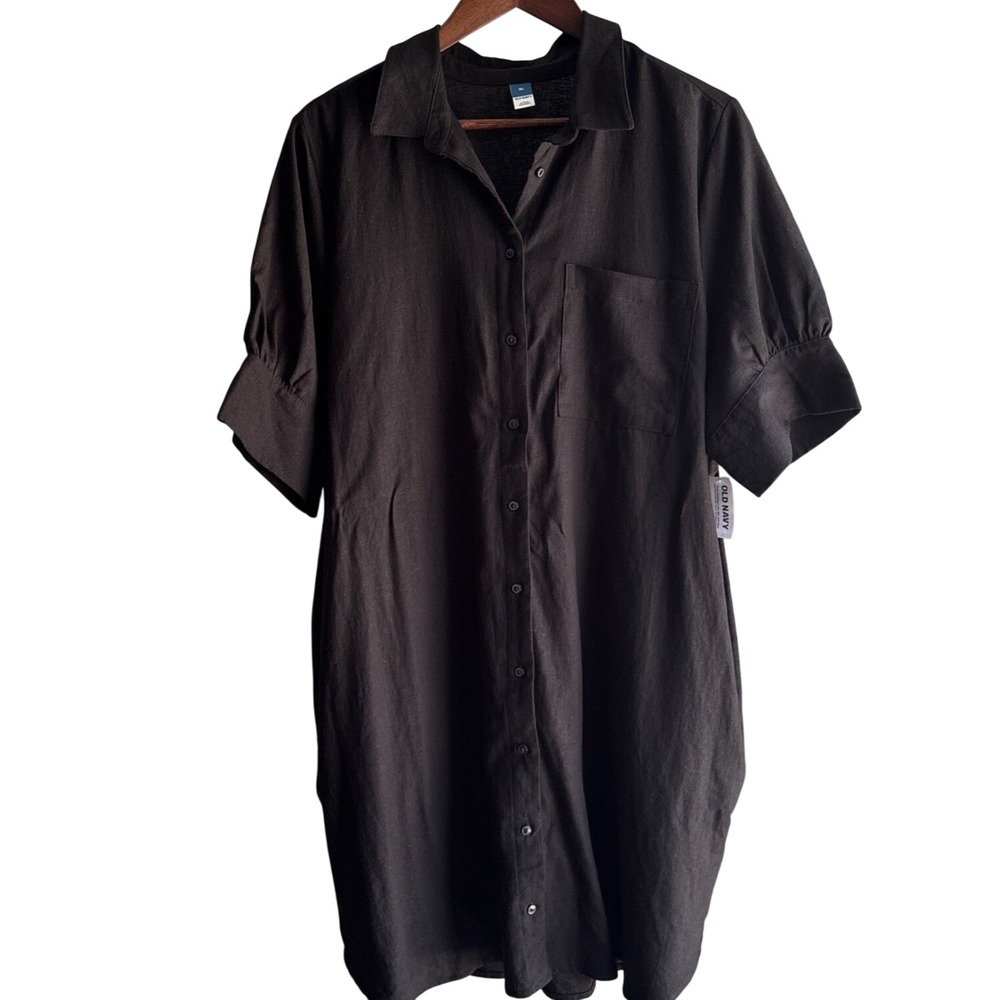 Old Navy NWT Black Linen Blend Full Button Front Shirt Dress Pockets XL 1X